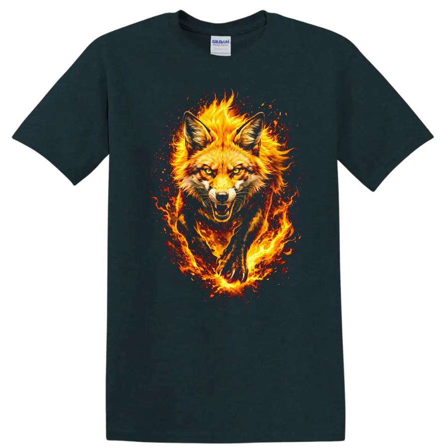 Fiery Fox Animal Art T Shirt Burning Wild Fox Portrait Graphic - Midnight (Green)