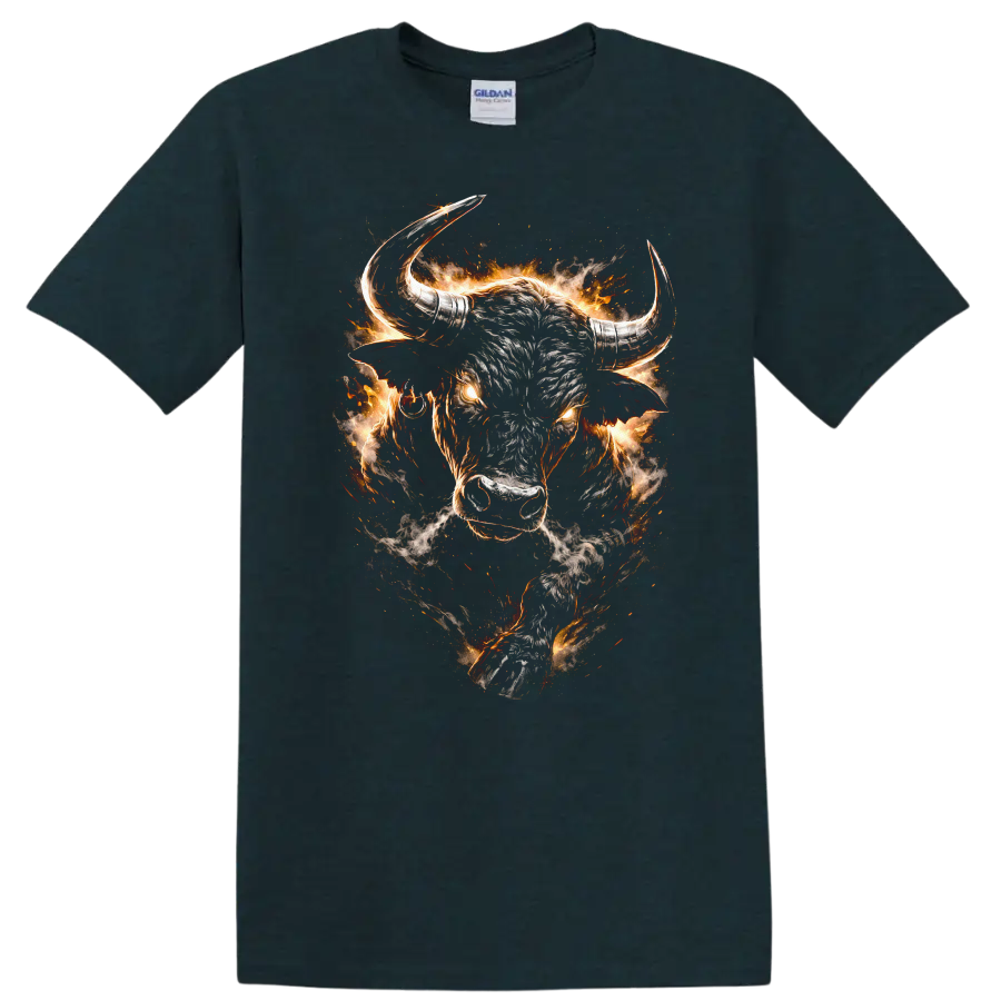 Flaming Bull Head Graphic T Shirt Fierce Western Animal Design - Midnight (Green)
