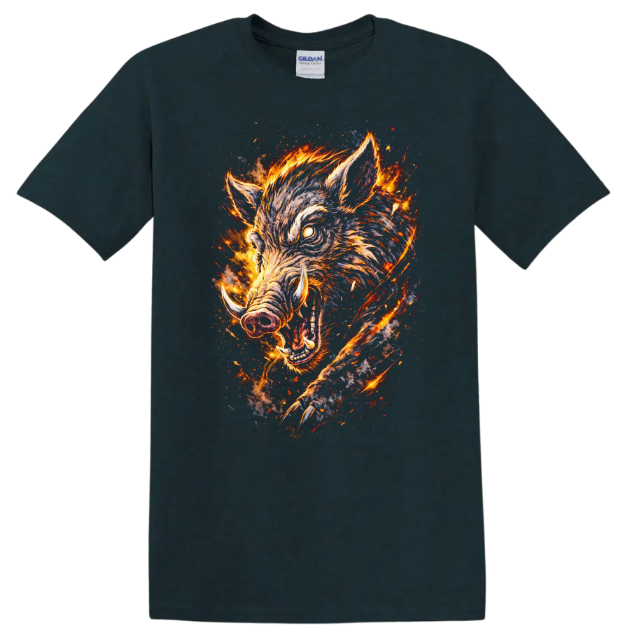 Fiery Wild Boar Graphic T Shirt Burning Animal Wildlife Art - Midnight (Green)