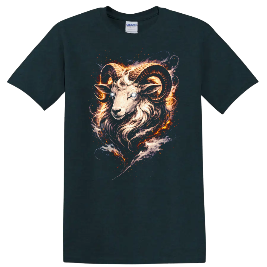 Fiery Ram Goat Head Fantasy Animal Art T Shirt for Bold Style - Midnight (Green)