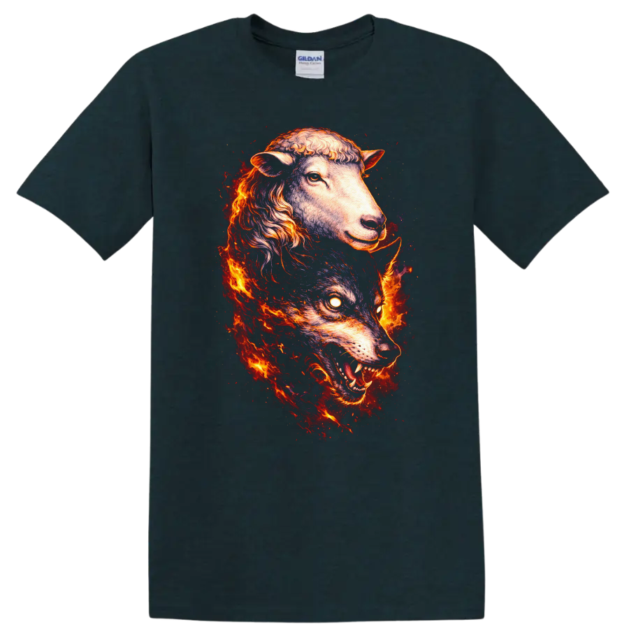Fiery Sheep and Wolf Spirit Animal Duo T Shirt for Nature Lovers - Midnight (Green)