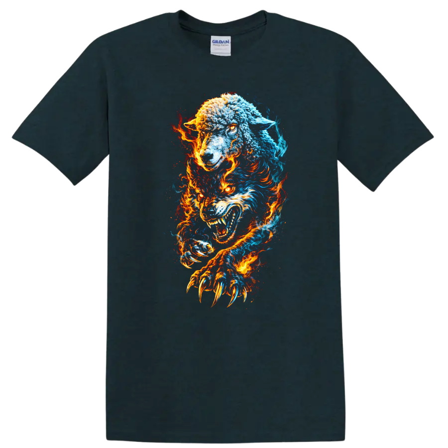 Fire and Ice Wolves Fury T Shirt for Bold Animal Lovers - Midnight (Green)