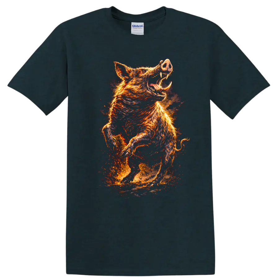 Fiery Wild Boar Attack Graphic T Shirt for Animal Lovers - Midnight (Green)