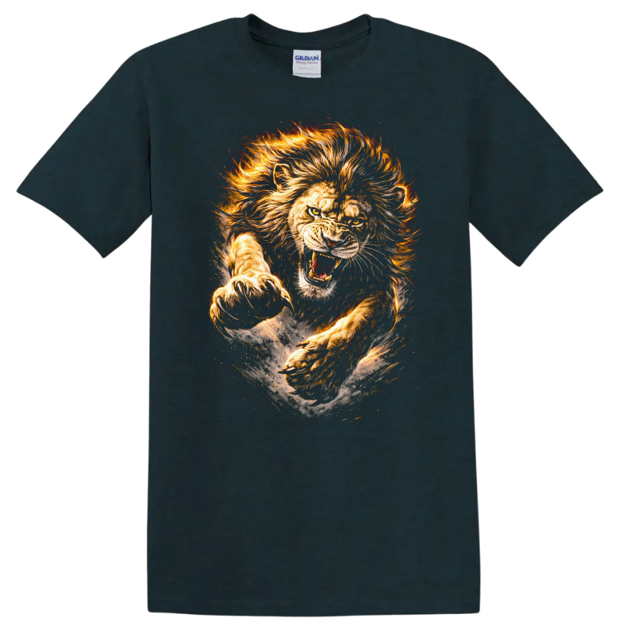 Roaring Lion Fire Mane Wildlife Art T Shirt For Animal Lovers - Midnight (Green)