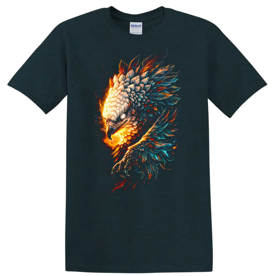 Fiery Phoenix Eagle Feather Burst Animal Art T Shirt - Midnight (Green)