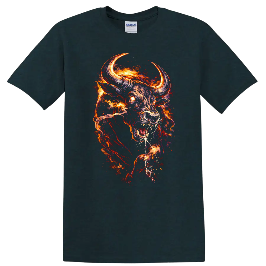 Flaming Bull Head Fire Fury Graphic T Shirt for Bold Animal Art Fans - Midnight (Green)