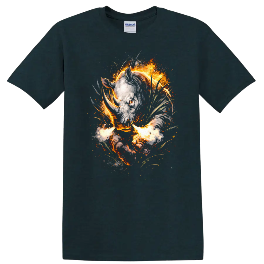 Fiery Rhino Head Animal Art T Shirt Wild Burning Beast Graphic - Midnight (Green)