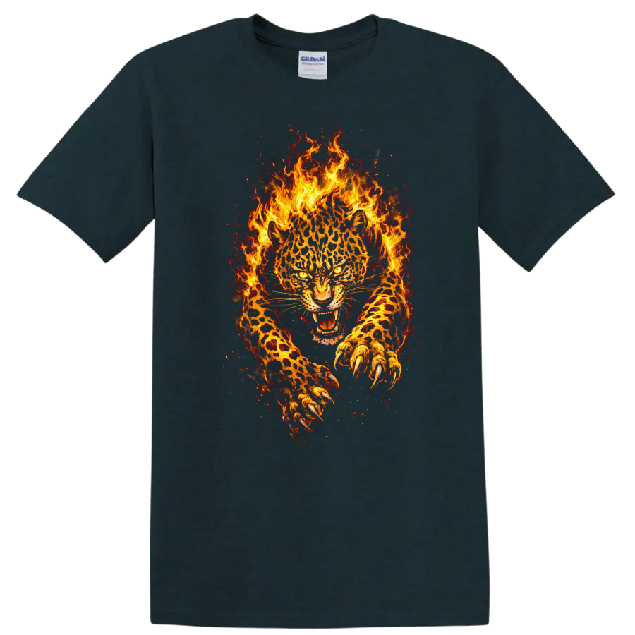 Fiery Leopard Panther T Shirt Wild Flaming Big Cat Animal Graphic - Midnight (Green)