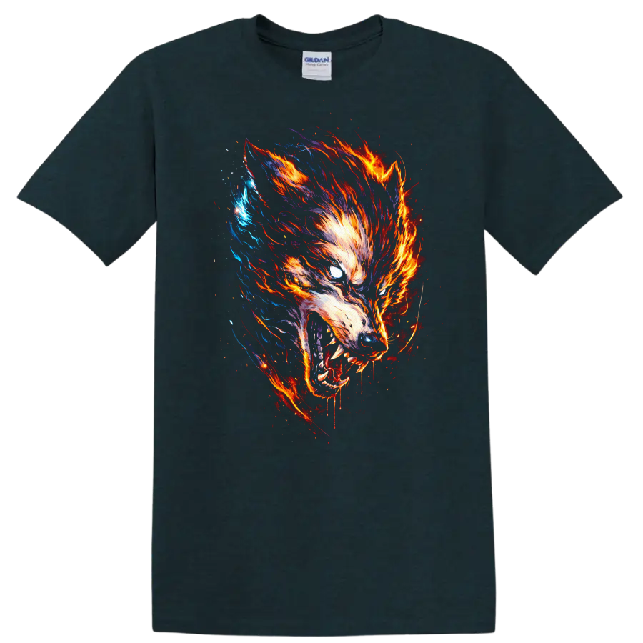Fiery Wolf Head Graphic T Shirt for Animal Art Lovers - Midnight (Green)
