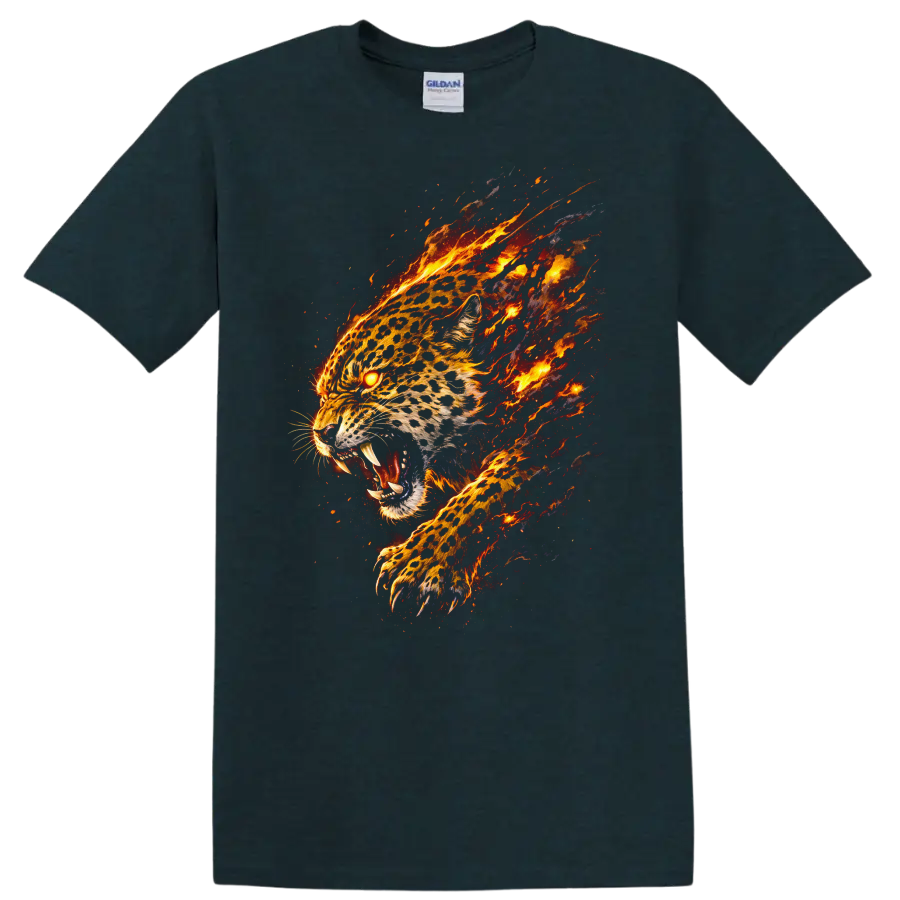 Fiery Flaming Leopard Head T Shirt Bold Animal Graphic for Nature Lovers - Midnight (Green)