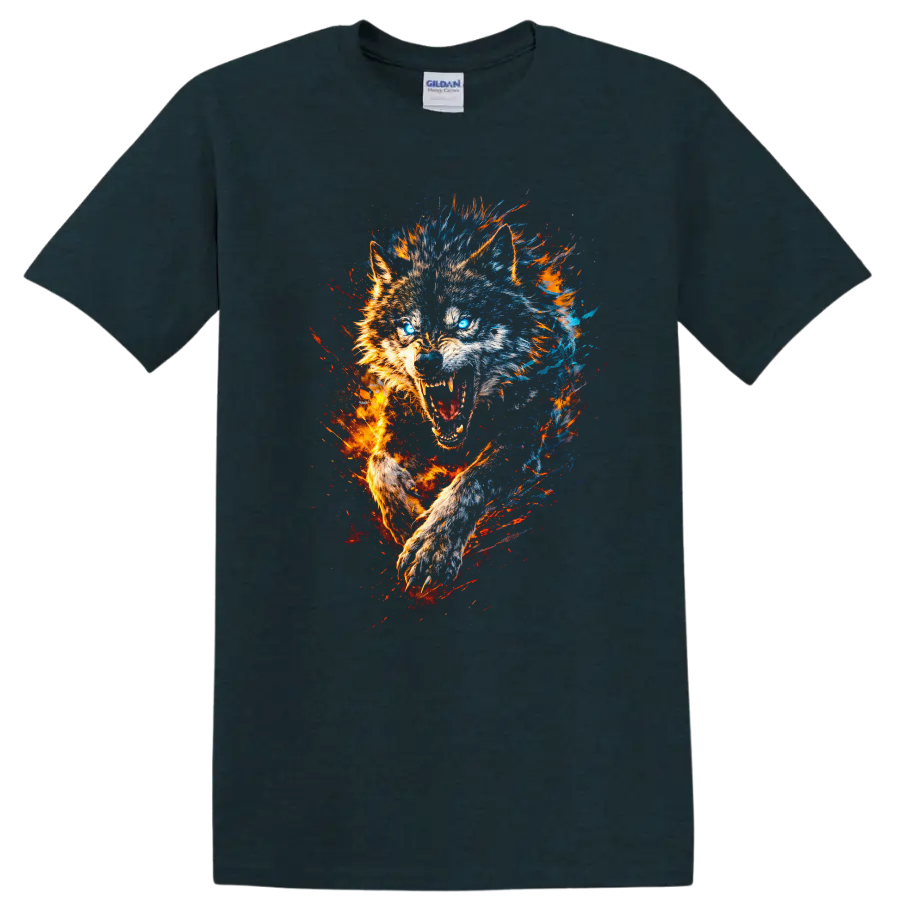Fiery Wolf Head Graphic T Shirt Blue and Orange Energy Splash - Midnight (Green)
