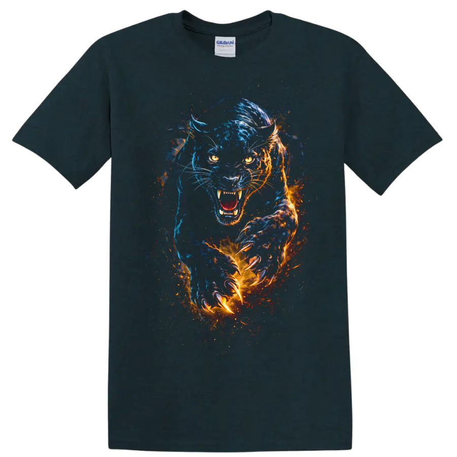 Blue and Orange Fierce Panther Watercolor T Shirt for Animal Lovers - Midnight (Green)