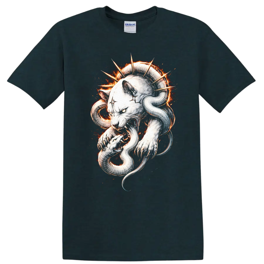 White Panther and Snake Flame Art T Shirt for Animal Lovers - Midnight (Green)