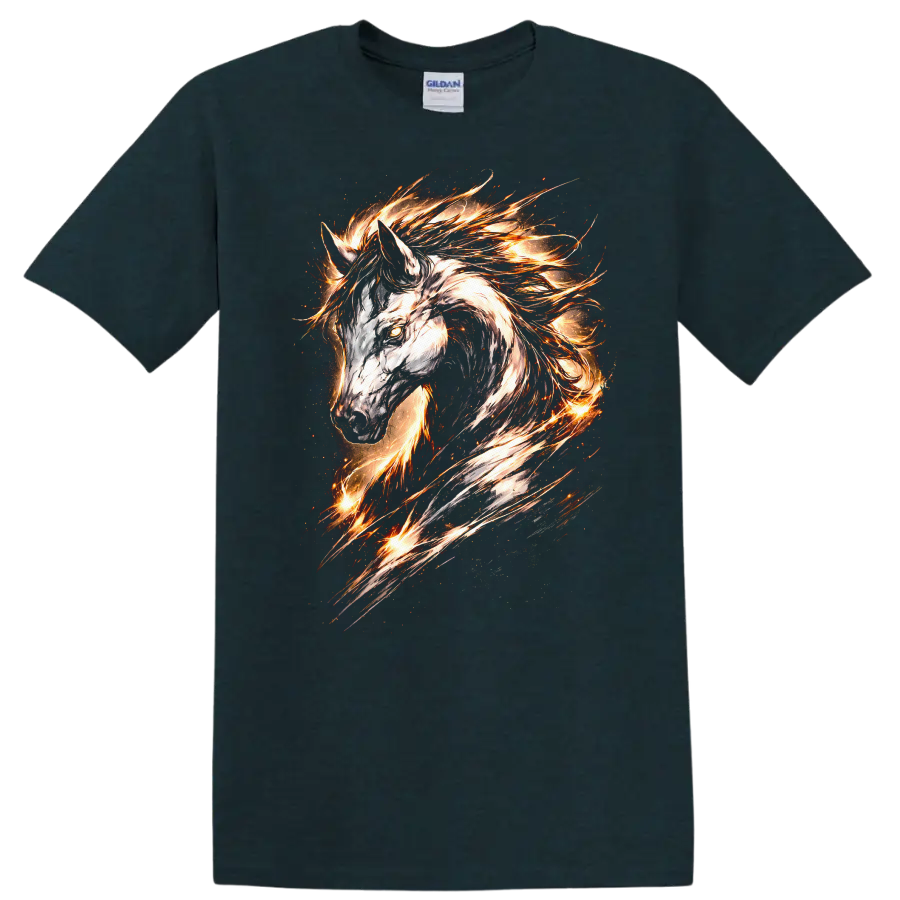 Fire Horse Head T Shirt Flaming Equine Animal Graphic Tee - Midnight (Green)
