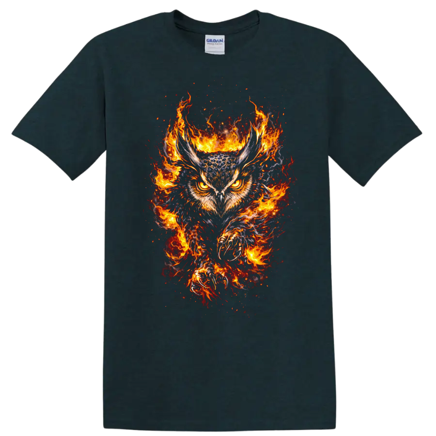 Fiery Owl with Flaming Wings Animal Graphic T Shirt - Midnight (Green)