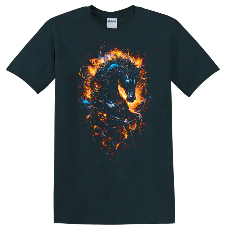Fiery Blue and Orange Horse Art T Shirt for Animal Lovers - Midnight (Green)