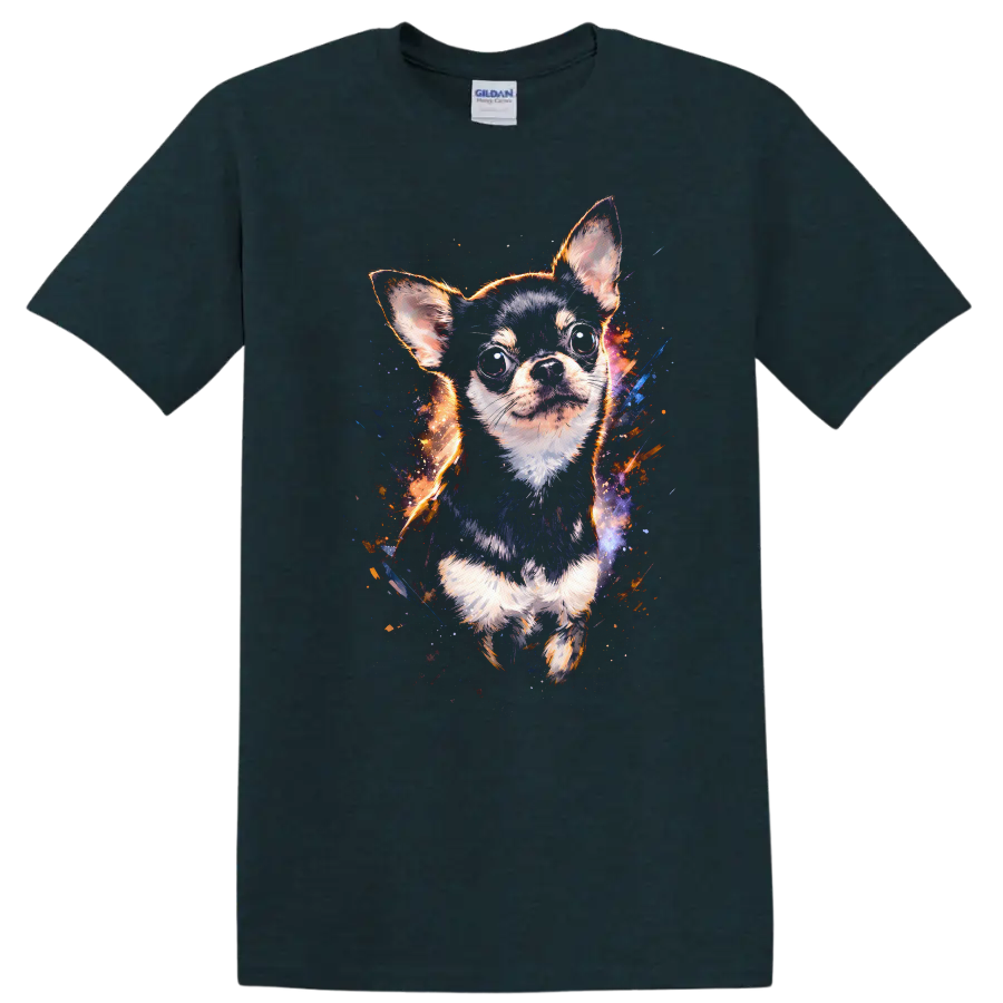 Colorful Chihuahua Portrait T Shirt for Dog Lovers Vibrant Splash Art on a Midnight (Green) T Shirt