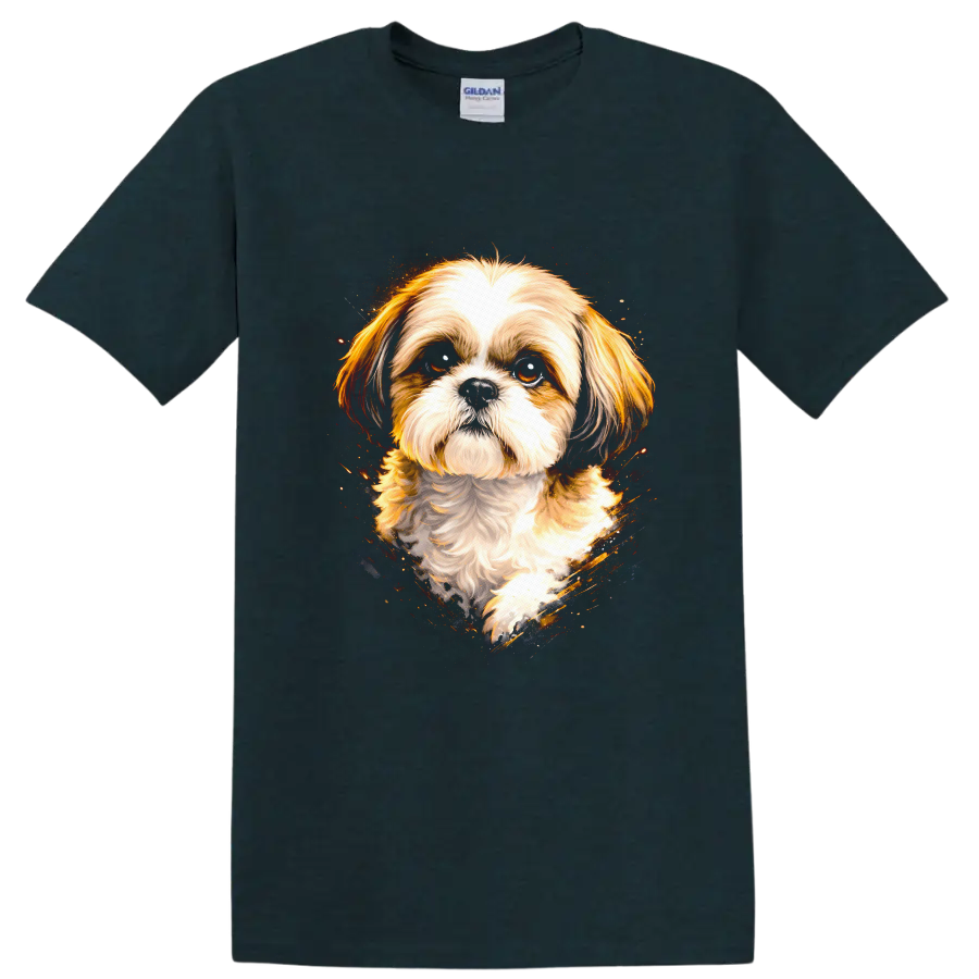 Shih Tzu Dog Portrait Watercolor Splash T Shirt on a Midnight (Green) T Shirt