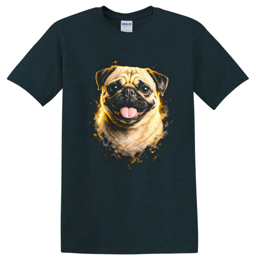 Funny Pug Dog Portrait Splash Art T Shirt for Dog Lovers on a Midnight (Green) T Shirt