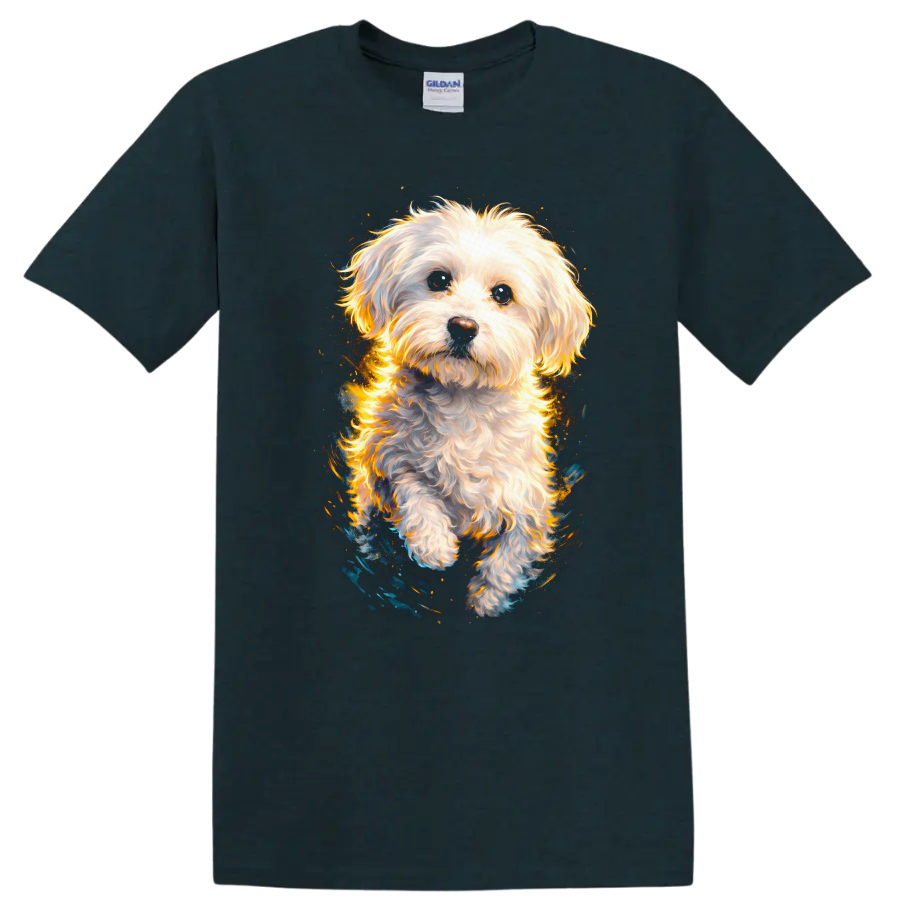 Fluffy White Dog Portrait T Shirt for Dog Lovers and Pet Fans on a Midnight (Green) T Shirt