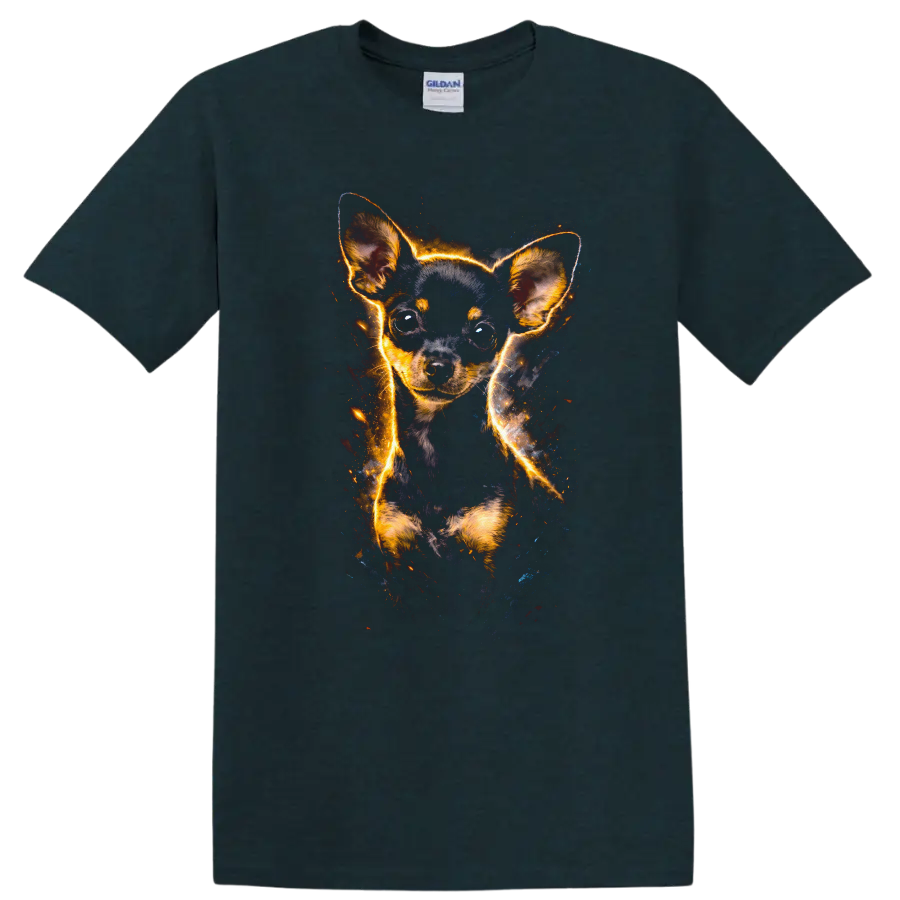 Glowing Chihuahua Puppy Portrait T Shirt for Dog Lovers on a Midnight (Green) T Shirt