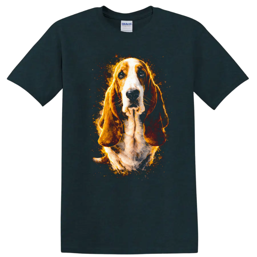 Basset Hound Dog Portrait Flame Art T Shirt for Dog Lovers on a Midnight (Green) T Shirt