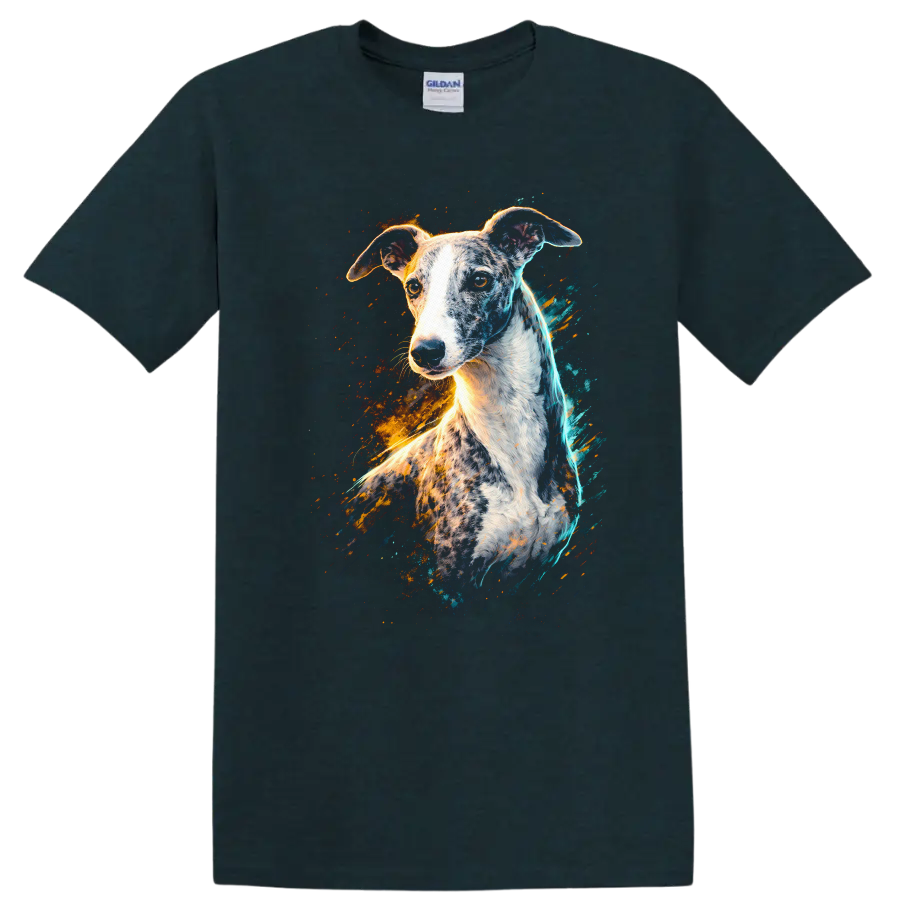 Greyhound Dog Splash Art T Shirt Colorful Neon Breed Portrait on a Midnight (Green) T Shirt