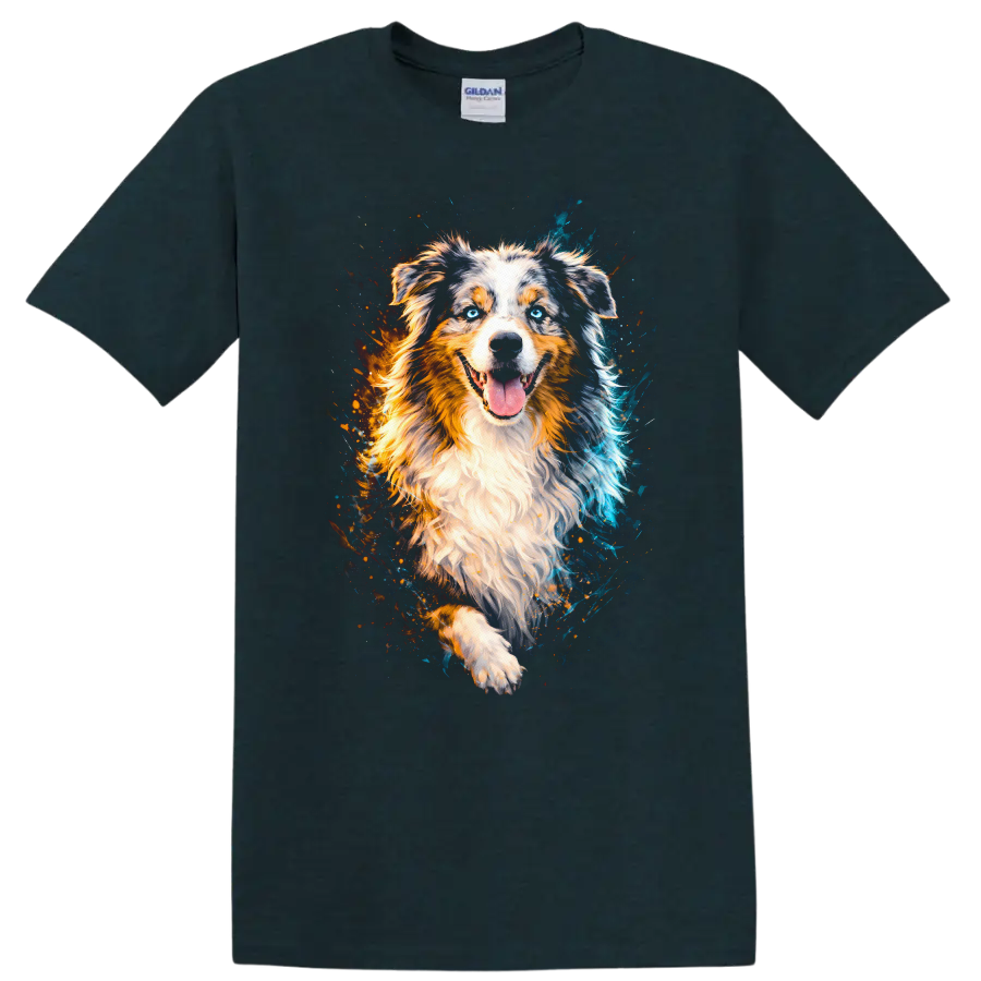 Australian Shepherd Dog Watercolor Portrait T Shirt for Dog Lovers on a Midnight (Green) T Shirt
