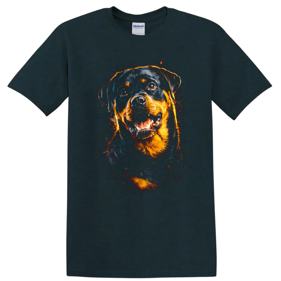 Rottweiler Dog Portrait T Shirt Fierce Fire Glow Pet Lover Graphic on a Midnight (Green) T Shirt