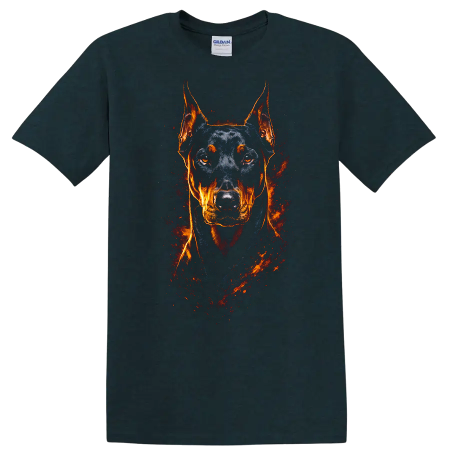 Doberman Pinscher Fire Portrait T Shirt Fierce Dog Lover Graphic on a Midnight (Green) T Shirt