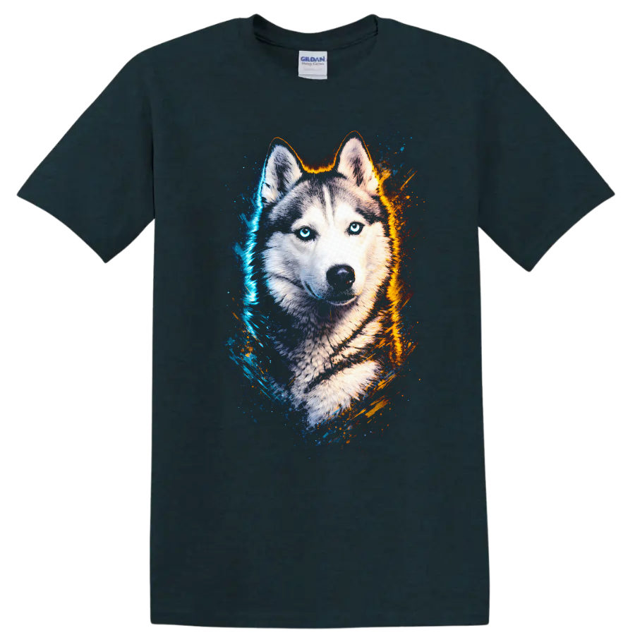 Blue Eyed Husky Portrait T Shirt Vibrant Splash Art Dog Lover Gift on a Midnight (Green) T Shirt