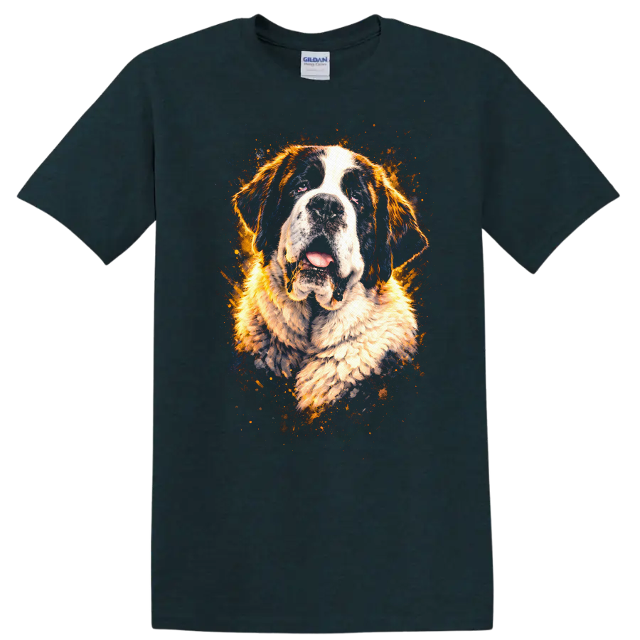 Saint Bernard Splash Art Dog Portrait T Shirt for Breed Lovers on a Midnight (Green) T Shirt