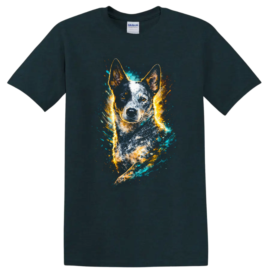 Blue Heeler Dog Portrait Watercolor Splash T Shirt for Dog Lovers on a Midnight (Green) T Shirt
