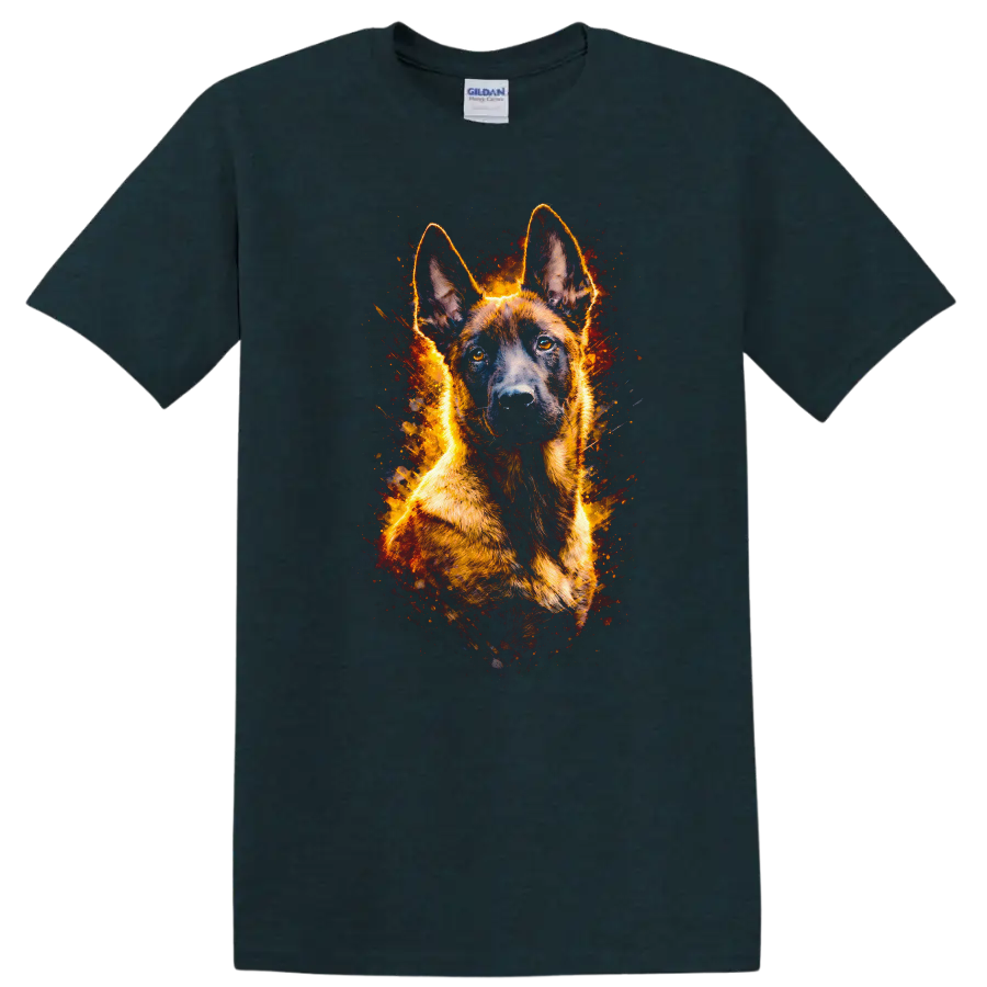 German Shepherd Fire Glow T Shirt for Dog Lovers and Owners on a Midnight (Green) T Shirt