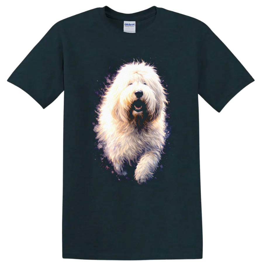 Fluffy Old English Sheepdog Dog Portrait T Shirt, Cosmic Neon Style on a Midnight (Green) T Shirt