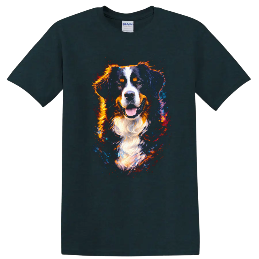 Colorful Bernese Mountain Dog Portrait T Shirt for Dog Lovers on a Midnight (Green) T Shirt