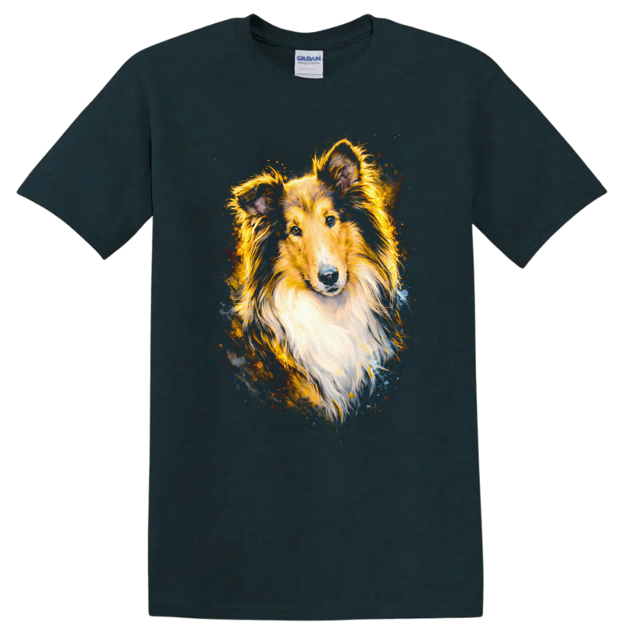 Shetland Sheepdog Color Splash Portrait T Shirt for Dog Lovers on a Midnight (Green) T Shirt