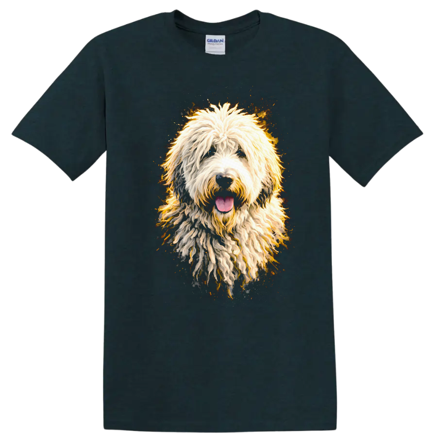 Colorful Shaggy Dog Portrait T Shirt for Dog Lovers and Pet Fans on a Midnight (Green) T Shirt