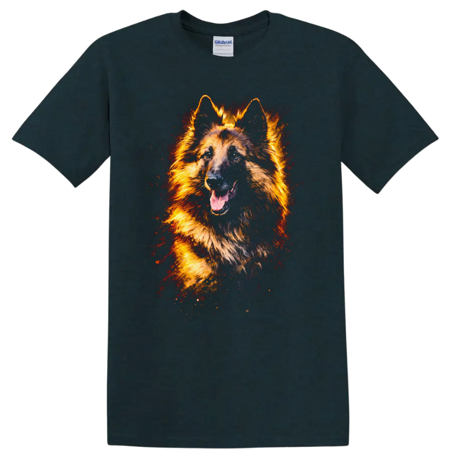 German Shepherd Dog Art T Shirt Fiery Color Splash Pet Lover Tee on a Midnight (Green) T Shirt