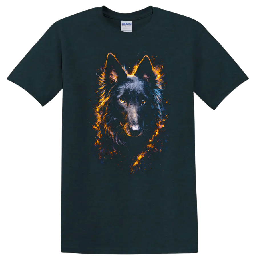 Fiery Wolf Portrait Neon Style Dog Lover T Shirt on a Midnight (Green) T Shirt