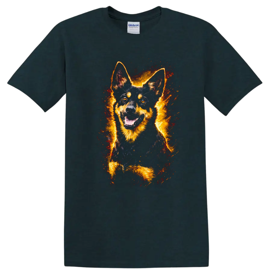 German Shepherd Fire Burst Portrait T Shirt for Dog Lovers on a Midnight (Green) T Shirt