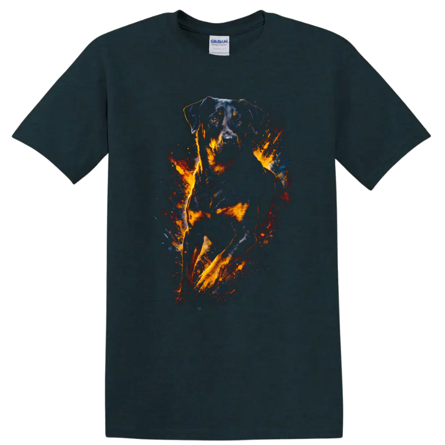 Rottweiler Fire Splash Art T Shirt Bold Dog Breed Graphic Tee on a Midnight (Green) T Shirt