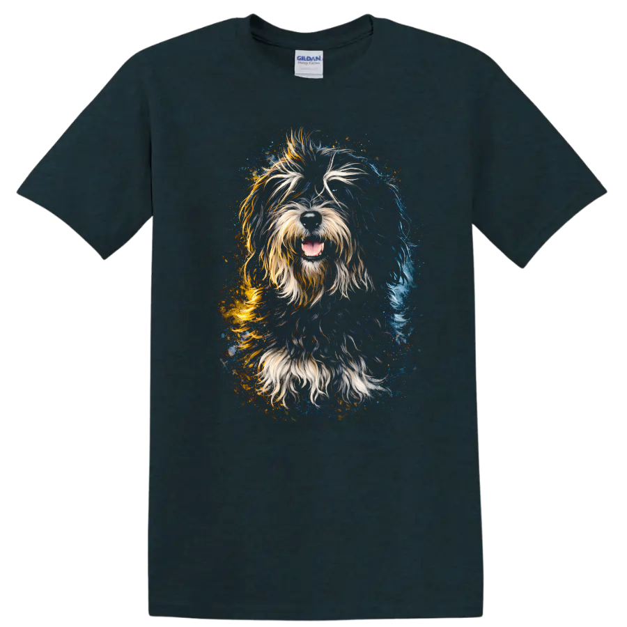 Colorful Shaggy Dog Portrait T Shirt Vibrant Splash Art for Dog Lovers on a Midnight (Green) T Shirt