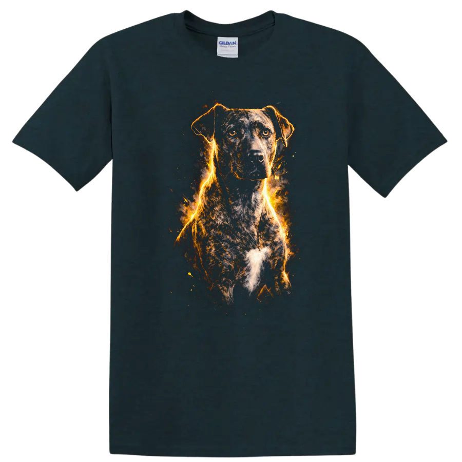 Fiery Dog Portrait T Shirt, Flame Outline Pet Lover Graphic Tee on a Midnight (Green) T Shirt