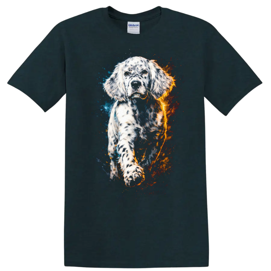 English Setter Watercolor Dog Portrait T Shirt Blue and Orange Splash - Midnight (Green)