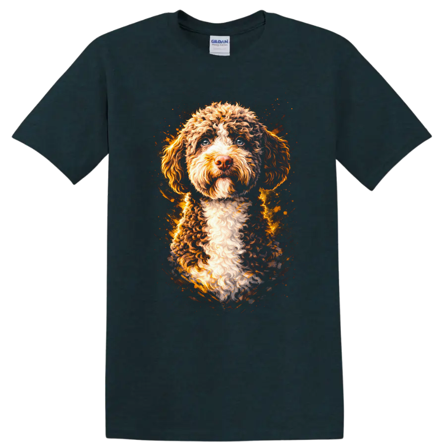Curly Cockapoo Dog Portrait T Shirt Colorful Artistic Pet Lover Tee on a Midnight (Green) T Shirt