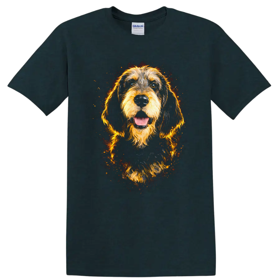 Golden Doodle Dog Portrait Fire Spark T Shirt on a Midnight (Green) T Shirt