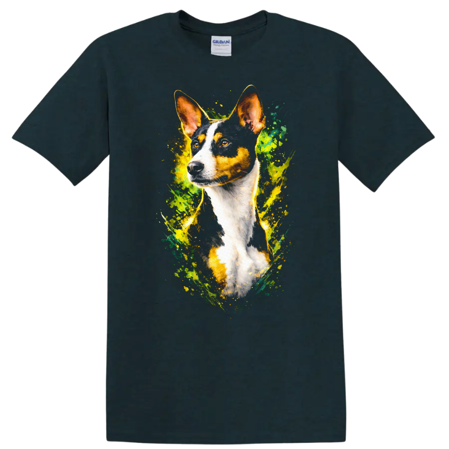 Colorful Basenji Dog Portrait Splash Art T Shirt for Dog Lovers on a Midnight (Green) T Shirt