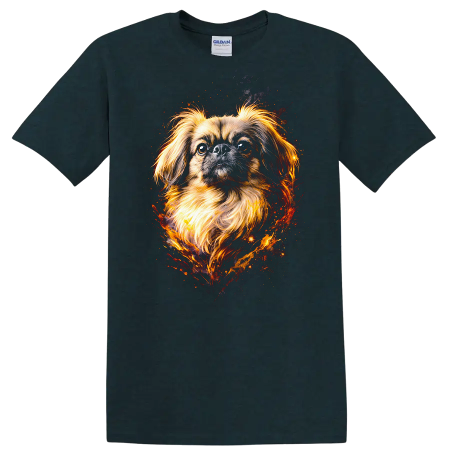 Fiery Pekingese Dog Portrait T Shirt Vibrant Watercolor Pet Lover on a Midnight (Green) T Shirt