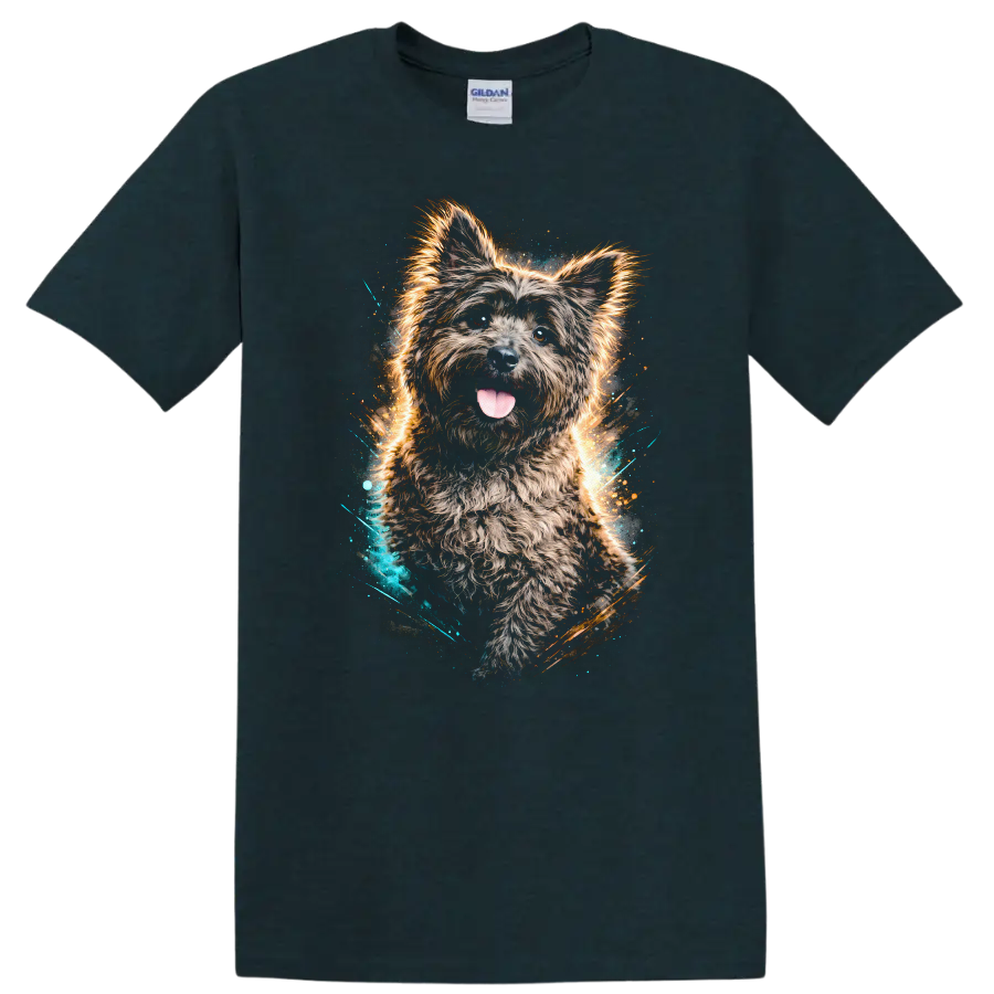 Fluffy Yorkie Dog Portrait Graphic T Shirt Colorful Neon Splash on a Midnight (Green) T Shirt